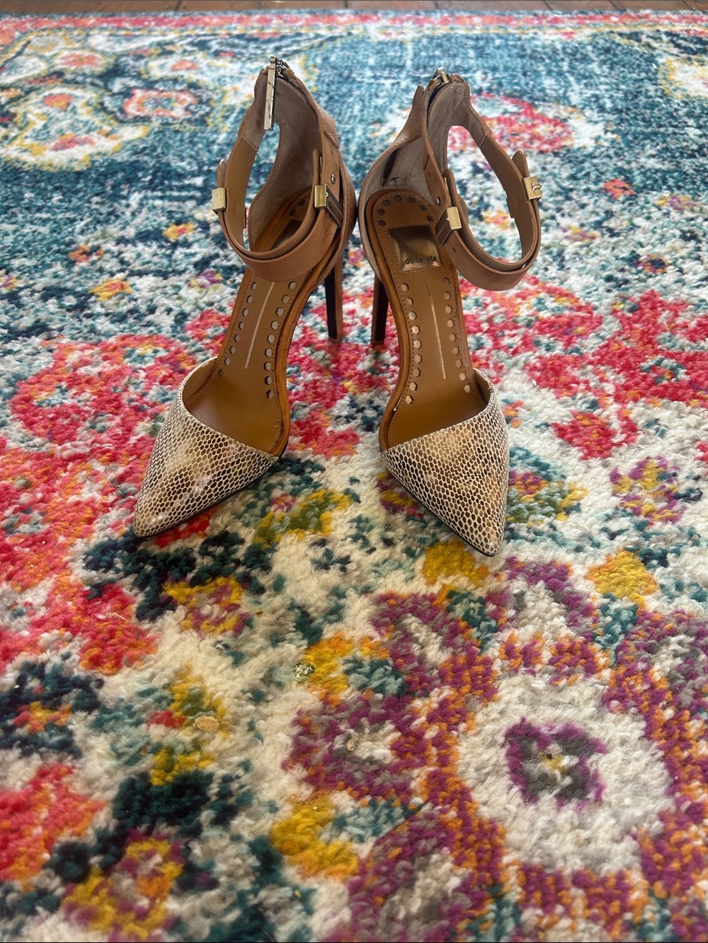 Dolce Vita Tan and Snake-Print Pointed Toe Ankle-Strap Heels